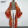 Kvinnors badkläder Winyi Summer Women Cardigan Stitch Robe Cocktail Sexcy Boho Maxi African Holiday Batwing Sleeve Silk Feeling Robe Kimono Caftan 230327