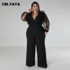 Women's Plus Size Jumpsuits Rompers CM.YAYA Plus Size Women Mesh Ruffles Wrap Vneck Wide Leg Straight Jumpsuit Holiday Vintage Playsuit Suit Romper 230325