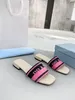 2023 new shoe designer woman slipper man shoe Saffiano luxury sleek leather Embroidered fabric slides Enameled metal triangle slipper