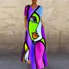 Abiti casual Abito stampato con arte astratta Manica corta Scollo a V Una linea Vintage Cartoon Party Lungo 2023 Maxi allentato femminile