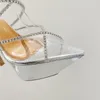 Sandalen Silver Women Platform Hoge hakken Sexy transparante Cross Belt Ridestone Dance Shoes Luxury Designer