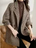 Damenanzüge Blazer Vintage Hahnentritt-Frauen-Wollblazer Zweireihiger karierter weiblicher Anzugjacke Mode koreanische Oberbekleidung lose Blaser-Mantel 230327