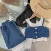 16090 Summer Kids Girls Clothing Sets Pak Suspender Korte tops met wide been denim broek Kinderen Girl Outfits Set