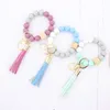 Wooden Tassel Bead Charm Wristlet String Bracelet Keychain Food Grade Silicone Beads Bracelets Women Girl Key Ring Wrist Strap