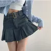 Etek yaz denim kısa etek kadınlar retro seksi yüksek bel a-line pilili etek bayanlar Kore moda kız tarzı etek 230327