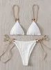 Womens Swimwear Sexy Bikini Set Cute White Plain Ring Linked Spaghetti Strap Triangle Thong Biquini Swimsuit Women Bathing Suit B0 230327
