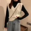 女性のベスト女性ベストホワイトVネックセーターTシャツ春2023年韓国の女性のゆるい短いジャケット