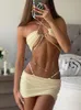 Womens Swimwear String Bikini Set Solid Bikini Sexy Push Up Swimwear Women Bathing Suit Thong Biquini 3 Piece Swimsuit Beach Dress 230327