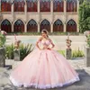 Abiti stile quinceanera rosa 2023 con spalle scoperte in rilievo applicazioni di pizzo strass abito dolce 16 abiti da 15 anos