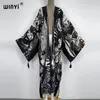 민족 의류 Winyi Bohemian 인쇄 여름 해변 착용 Long Kimono Kaftan Tunic Women Tops Belted Wrap Coat Robe Sexy Femme 230327