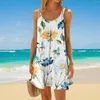 Robes décontractées dames été mode impression sans manches mignon Mini robe caraco sangle col rond a-ligne balançoire plage Cami robe d'été