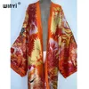 Kvinnors badkläder Winyi Summer Women Cardigan Stitch Robe Cocktail Sexcy Boho Maxi African Holiday Batwing Sleeve Silk Feeling Robe Kimono Caftan 230327