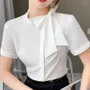 Chemisiers pour femmes chemise mode féminine vêtements pour femmes 2023 vêtements de bureau d'été hauts et chemisier blanc mince solide nœud bouton à manches courtes
