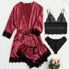 Vêtements de nuit pour femmes à manches longues Pyjamas pour femmes Européen Américain Sexy Dentelle Lingerie Vêtements de Nuit Sous-Vêtements 4PC Ensemble Satin Bretelles Chemise de Nuit