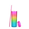 16oz akrylskinntumblers Gradient Rainbow Color Acrylic Tumblers med lock och sugrör 2 -lager plasttumblers med halm Z11