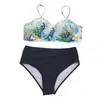 Kadın Mayo 2023 Seksi Push Yukarı Yüksek Bel Tong String Bikini Set Vintage Yaprak Beyaz Brezilyalı Kadınlar Mayo Beach Banyo