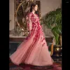 Robes de soirée 2023 Bal 3D Fleurs Florales Rose Rose Manches Longues Col En V Robes De Soirée Longueur De Plancher Tulle Costume D'anniversaire Filles