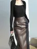 Skirts Nerazzurri Spring Midi Leather Skirt Women Brown White Black Long High Waisted Pencil Skirts for Women Side Slit Zipper 7xl 230327