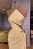 Prom Party Gown Pleat Evening Dresses Formal Trumpet Mermaid High Neck Sleeveless Elastic Satin Crystal Beaded Thigh-High Slits Plus Size New Sexy Custom