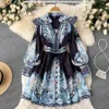 Women Casual Dresses New Fashion Spring Autumn Court Retro Printing Chic V-neck Single Breasted A-line Short Dress Elegant Vestidos