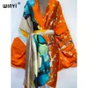 Kvinnors badkläder Winyi Summer Beach Wear Swim Suit Cover Kaftan Sweet Lady Boho Cardigan Stitch Self Belted Sexig Holiday Long Sleeve Kimono 230327