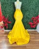 2023 Arabisch Aso Ebi Yellow Mermaid Prom Dresses Lace Backless Sexy Evening Formeel feest tweede receptie verjaardag verloving bruidsmeisjes jurken jurk zj2003