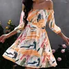 Casual Dresses Colorful Tight Waist Three Quarter Sleeves Prom Dress Off Shoulder Hollow Out Banquet Aesthetic Loose Hem Dating