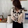 Women's Knits Autumn Crochet Cardigan For Women Chiffon Puff Long Sleeve Hollow Out Knit Floral Button Up Loose Blouse Jacket Coat