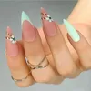 False Nails 24pcs Nail Tips Small Flower Frosted Press On Blue Rhinestone Fake Long Almond Green French
