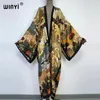 Kvinnors badkläder Winyi Summer Women Cardigan Stitch Robe Cocktail Sexcy Boho Maxi African Holiday Batwing Sleeve Silk Feeling Robe Kimono Caftan 230327