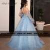 Abiti da festa Blu cielo Ballo formale Abito da sera Applique Tulle Puff Manica lunga Lunghezza pavimento Donna Prom Vestido De Noiva