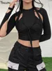 レディースTシャツYiallenファッションハイストリートカジュアルコットンTシャツ女性春秋の黒いスリムストリートウェアボウバンデージTシャツレディーストップ230327