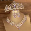 Set di gioielli da sposa KMVEXO Set di gioielli da sposa in cristallo di lusso Donna Orecchini diadema rosa viola Collana girocollo Abito da sposa Set di gioielli corona sposa 230325