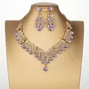 Wedding Jewelry Sets KMVEXO Luxury Crystal Bridal Jewelry Sets Women Purple Pink Tiara Earrings Choker Necklace Wedding Dress Bride Crown Jewelry Set 230325