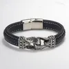 Bracelets de charme clássico retro masculino jóias genuíno de couro aço inoxidável de aço preto