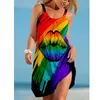 Robes décontractées jupe de plage pour femmes Sexy imprimé à lèvres vêtements de mode d'été sans manches longueur au genou ample jarretelle à larges bords