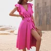 캐주얼 드레스 여름 여자 패션 섹시한 미디 v 목 프러프 스위트 레드 폴리 에스테르 긴 새로운 스타일 230316