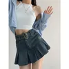 Юбки летняя джинсовая джинсовая короткая юбка Женщины ретро сексуальная высокая талия плиссированная дама, корейская мода, стиль 230327