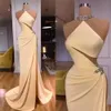 Prom Party Gown Pleat Evening Dresses Formal Trumpet Mermaid High Neck Sleeveless Elastic Satin Crystal Beaded Thigh-High Slits Plus Size New Sexy Custom