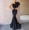 Prom Party Gown Evening Dresses One-Shulder Mermaid Golvlängd Sweep Train Satin Lång svart Sexig knapp