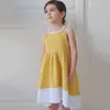 Mädchenkleider Mode Mädchen Sommer Freizeitkleid Spleißen Farbe Spaghettiträger Ärmellos Für Kinder 3-8 Jahre Marineblau Gelb