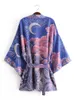 Kvinnors badkläder Boho Vintage Star och Moon Floral Print Sashes Women Bohemian V Neck Batwing ärmar Happie Short Robe Kimono Dress Coverups 230327
