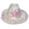 Berretti Cappello da cowboy con stampa mucca rosa per ragazze con decorazioni a stella in paillettes Accessorio per costume da festa di compleanno da cowgirl rave