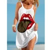 Casual Dresses Women's Beach Skirt Sexy Lip Print Summer Fashion Wear Sleeveless Knee Length Loose Wide Brimmed Suspender