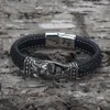 Bracelets de charme clássico retro masculino jóias genuíno de couro aço inoxidável de aço preto