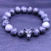 Strand Wonlee Winle 11mm Natural Gray Map Stone Beaded Stretch Bracelets For Men&Women Stainless Steel Wolve Charms Bracelet Strands