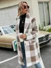 Women's Wool & Blends Oversized Woolen Coats Autumn Winter Warm Turn Down Collar Long Sleeve Plaid Pocket Cardigan Overcoat WDC9710