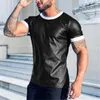 T-shirts pour hommes T-shirt pour hommes à manches courtes Stretch Faux Cuir Patchwork Undershirt Muscles Homme Tee Top Club de danse à manches courtes T-shirt mince 230327