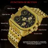 Wristwatches 2023 Mens Quartz Watches Top Golden Clock 3 Time Zone Date Stainless Steel Strap Military Oversize Wristwatch