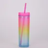 Toptan 16 oz Akrilik Sıska Tumbler Gradyan Gökkuşağı Renk Kapak ve Pipetli Akrilik Tumblers 2 Katmanlı Plastik Tumbler Saman Z11